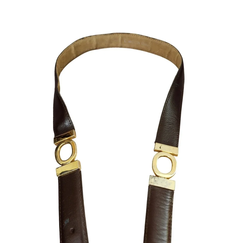 Classic Dark Brown Genuine Leather Belt with Gold Ring Accents Sz L Dk Academia‎